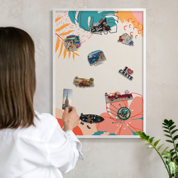 Magnetic board for travel magnets in a white frame Modern nature
