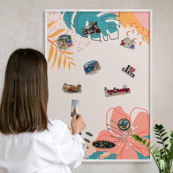 Magnetic board for travel magnets in a white frame Modern nature