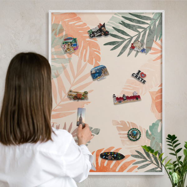 Decorative magnet board with a white frame Tropical leaves