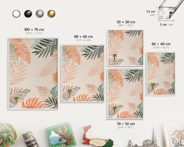 Decorative magnet board with a white frame Tropical leaves