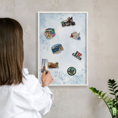 Magnetic board for travel magnets in a white frame Floristic elegance