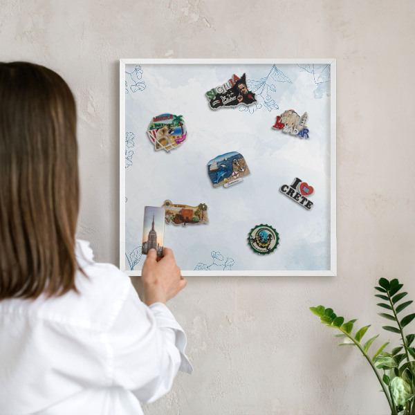 Magnetic board for travel magnets in a white frame Floristic elegance