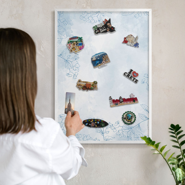 Magnetic board for travel magnets in a white frame Floristic elegance