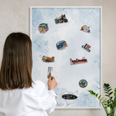 Magnetic board for travel magnets in a white frame Floristic elegance