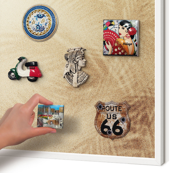 Magnetic board for travel magnets in a white frame Sand leaves
