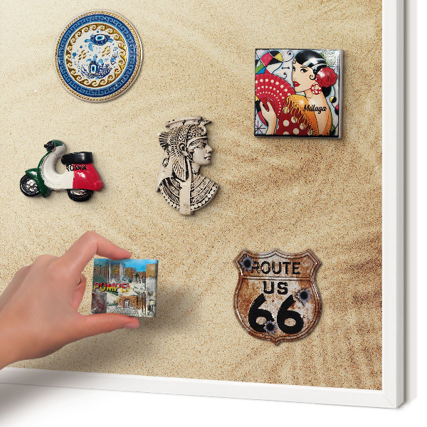 Magnetic board for travel magnets in a white frame Sand leaves