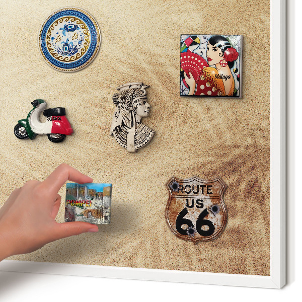 Magnetic board for travel magnets in a white frame Sand leaves