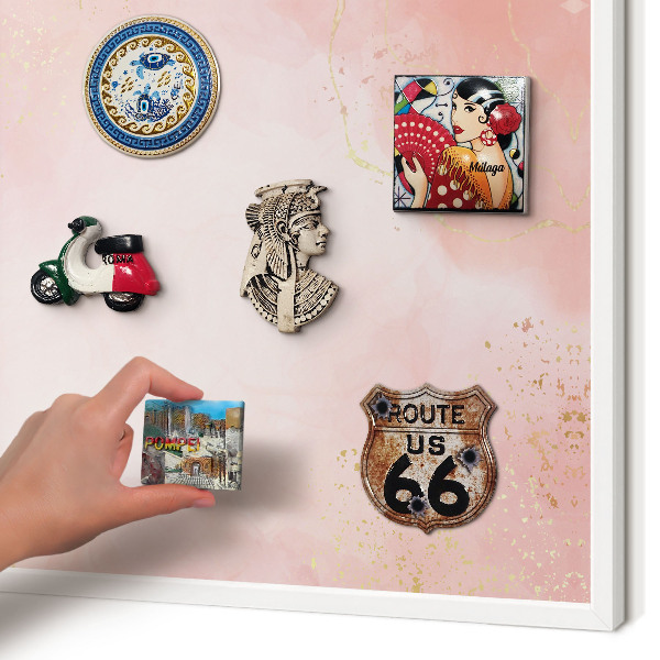 Magnetic board for travel magnets in a white frame Subtle elegance