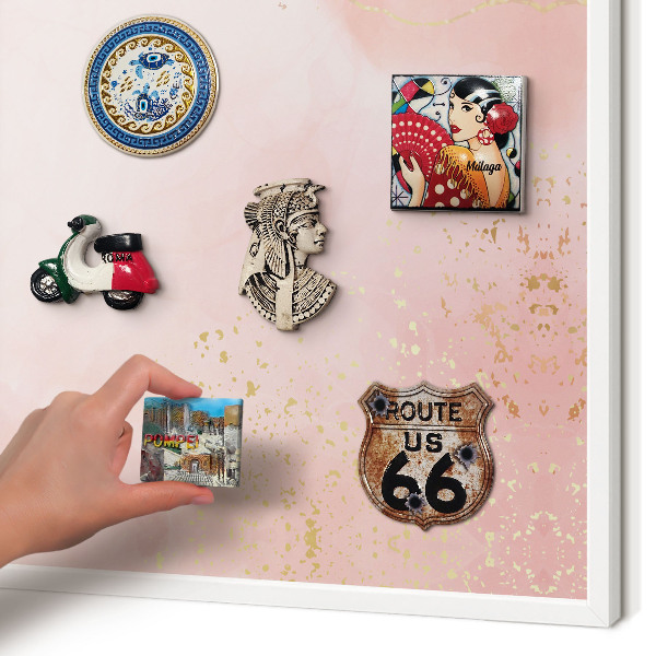 Magnetic board for travel magnets in a white frame Subtle elegance
