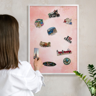 Magnetic board for travel magnets in a white frame Subtle elegance