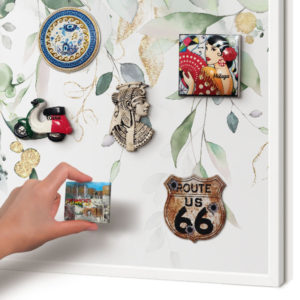 Magnetic board for travel magnets in a white frame Green leaves