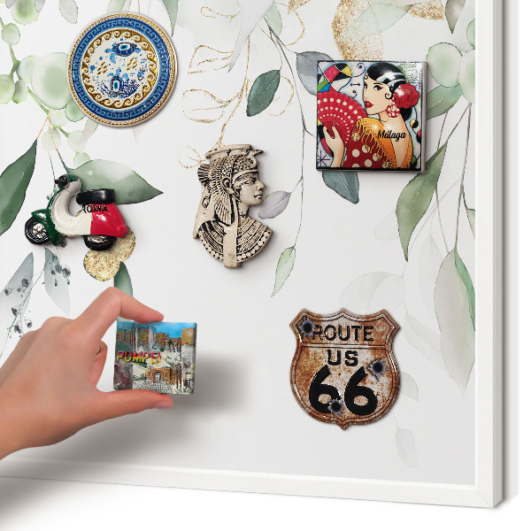 Magnetic board for travel magnets in a white frame Green leaves