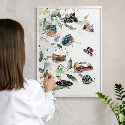 Magnetic board for travel magnets in a white frame Green leaves