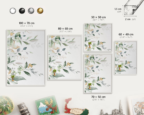 Magnetic board for travel magnets in a white frame Green leaves
