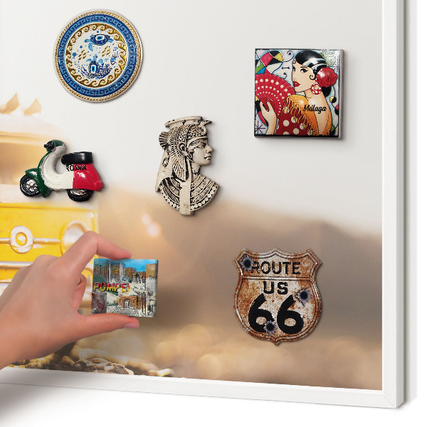 Magnetic board for travel magnets in a white frame Retro travel