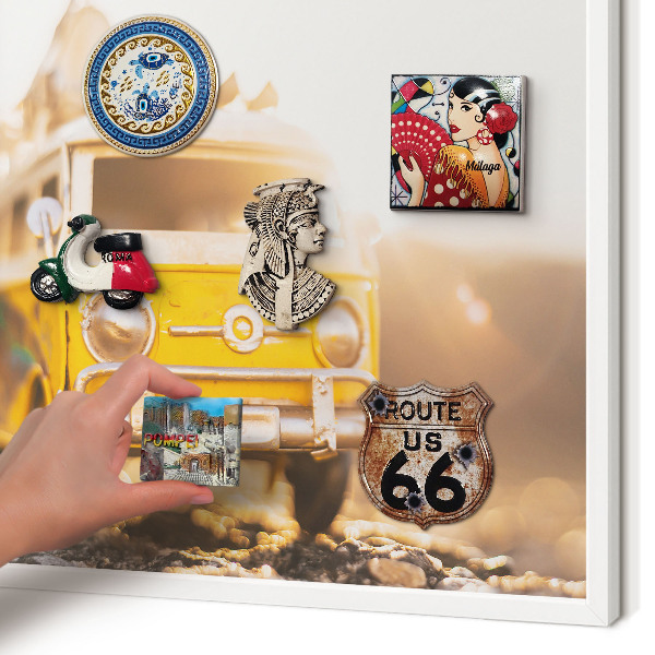 Magnetic board for travel magnets in a white frame Retro travel