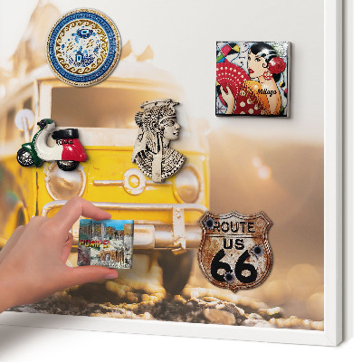 Magnetic board for travel magnets in a white frame Retro travel
