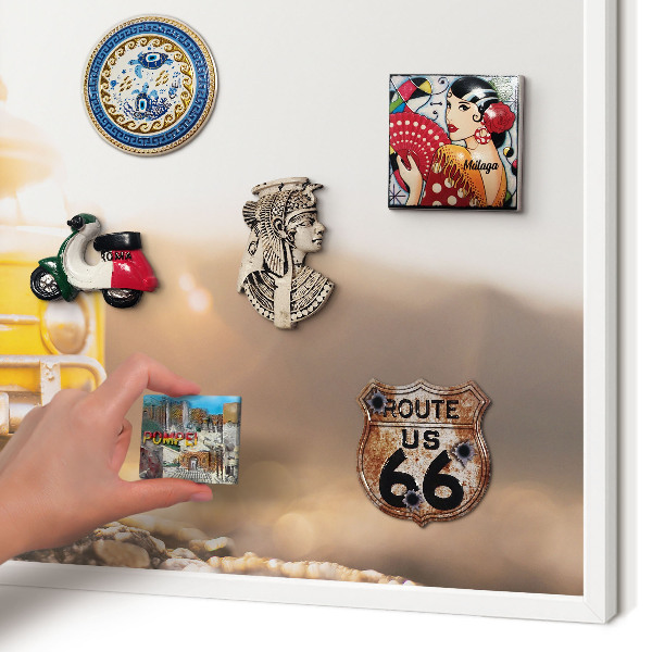 Magnetic board for travel magnets in a white frame Retro travel