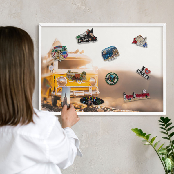 Magnetic board for travel magnets in a white frame Retro travel