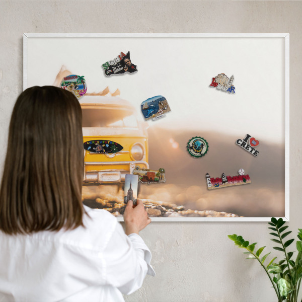 Magnetic board for travel magnets in a white frame Retro travel