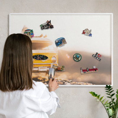 Magnetic board for travel magnets in a white frame Retro travel