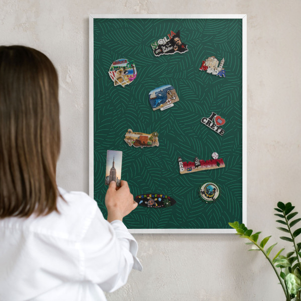 Magnetic board for travel magnets in a white frame Green leaves