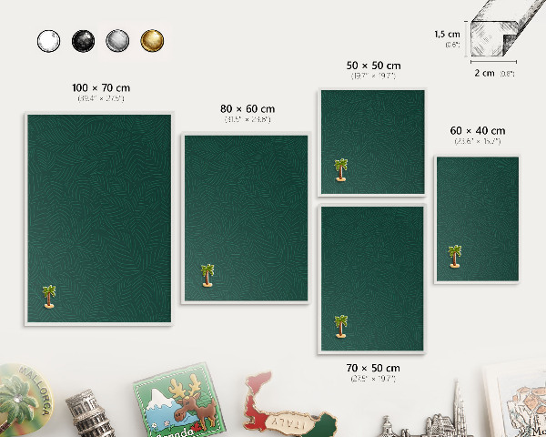 Magnetic board for travel magnets in a white frame Green leaves