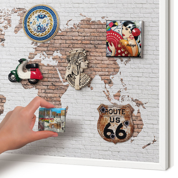 Decorative magnet board with a white frame Brick map