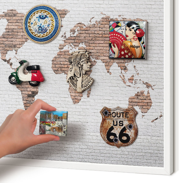 Decorative magnet board with a white frame Brick map