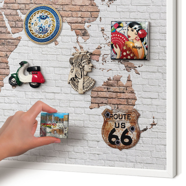 Decorative magnet board with a white frame Brick map
