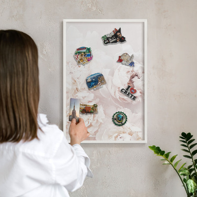 Decorative magnet board with a white frame White peonies
