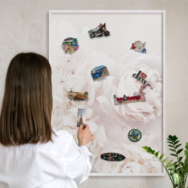 Decorative magnet board with a white frame White peonies