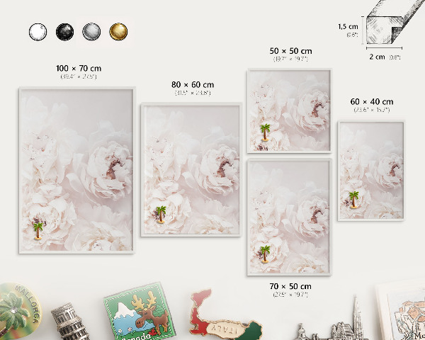 Decorative magnet board with a white frame White peonies