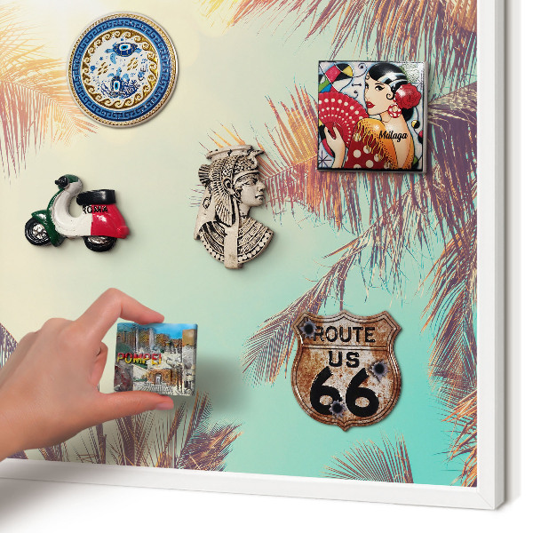Magnetic board for travel magnets in a white frame Tropical paradise