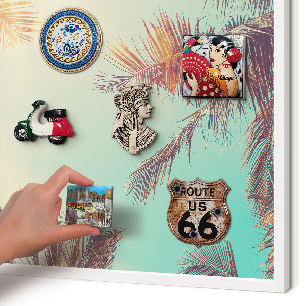 Magnetic board for travel magnets in a white frame Tropical paradise