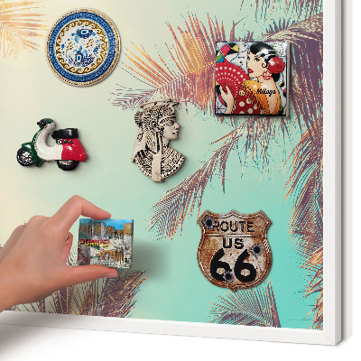 Magnetic board for travel magnets in a white frame Tropical paradise