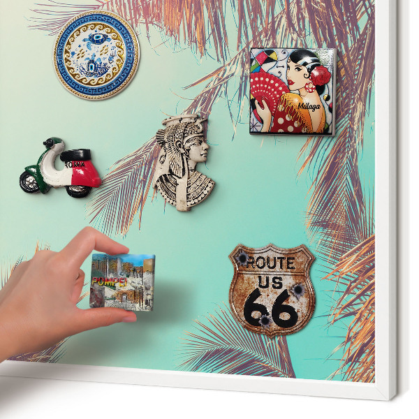 Magnetic board for travel magnets in a white frame Tropical paradise