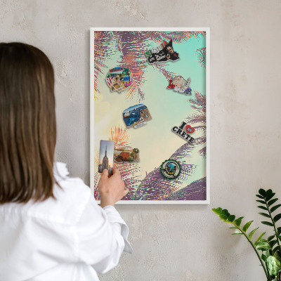 Magnetic board for travel magnets in a white frame Tropical paradise