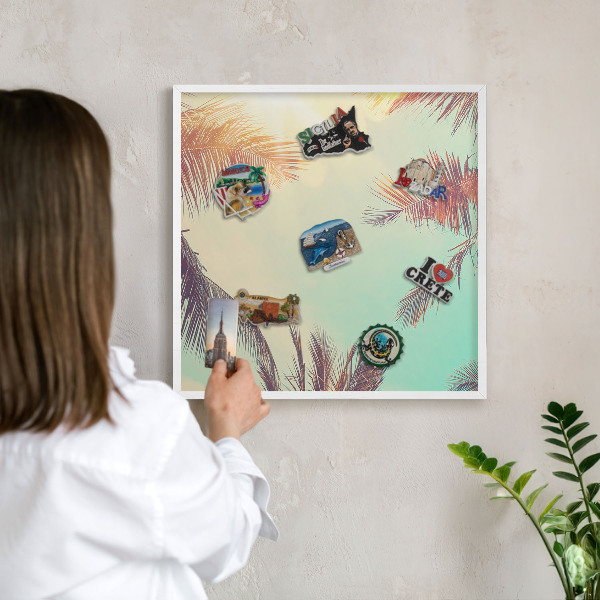 Magnetic board for travel magnets in a white frame Tropical paradise