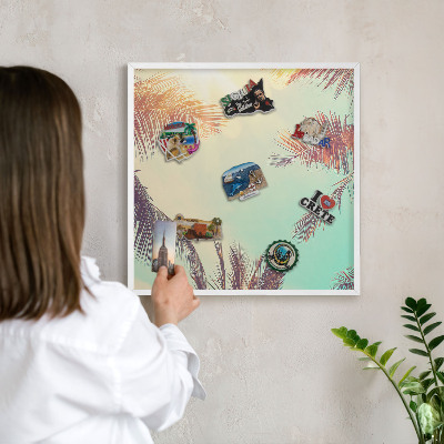 Magnetic board for travel magnets in a white frame Tropical paradise