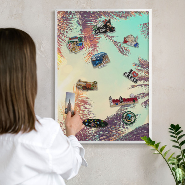 Magnetic board for travel magnets in a white frame Tropical paradise