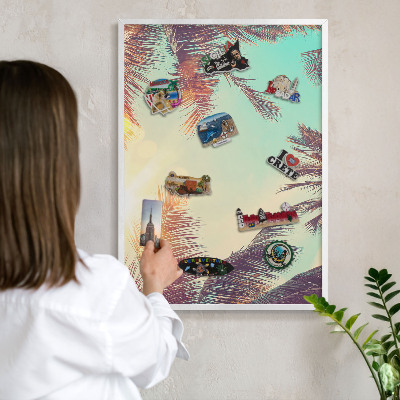 Magnetic board for travel magnets in a white frame Tropical paradise