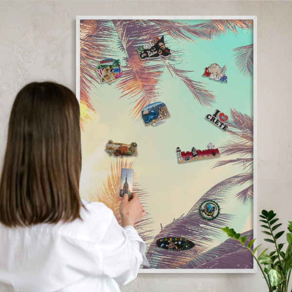 Magnetic board for travel magnets in a white frame Tropical paradise