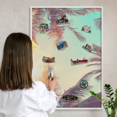 Magnetic board for travel magnets in a white frame Tropical paradise