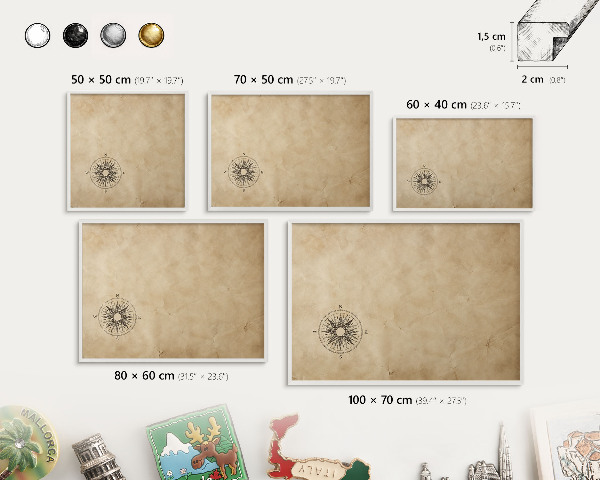 Magnetic board for travel magnets in a white frame Wind rose