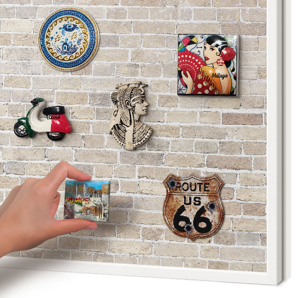 Magnetic board for travel magnets in a white frame Brick pattern