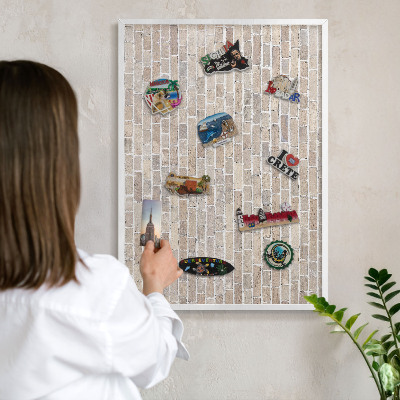 Magnetic board for travel magnets in a white frame Brick pattern