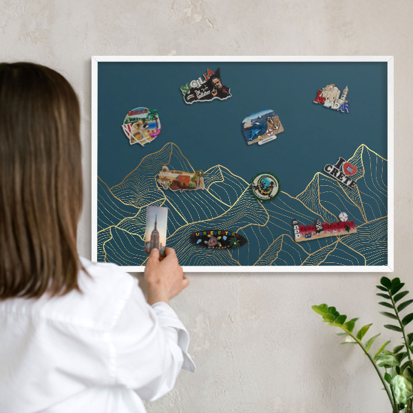 Decorative magnet board with a white frame Mountain minimalism