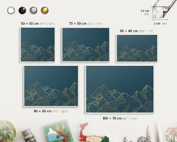 Decorative magnet board with a white frame Mountain minimalism