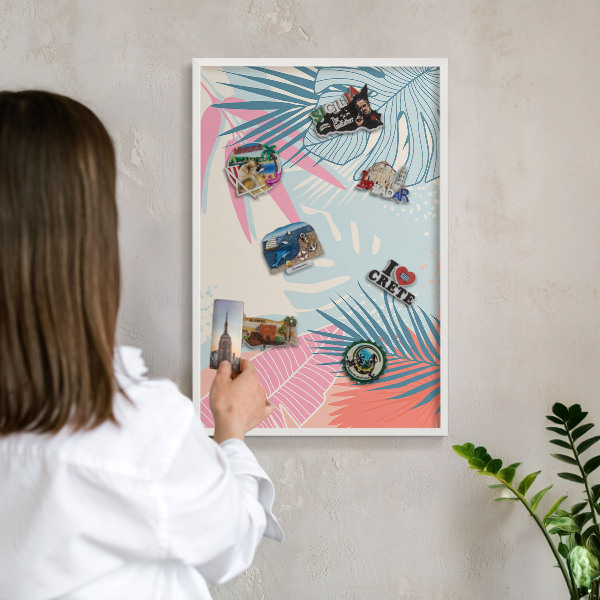 Magnetic board for travel magnets in a white frame Tropical abstraction